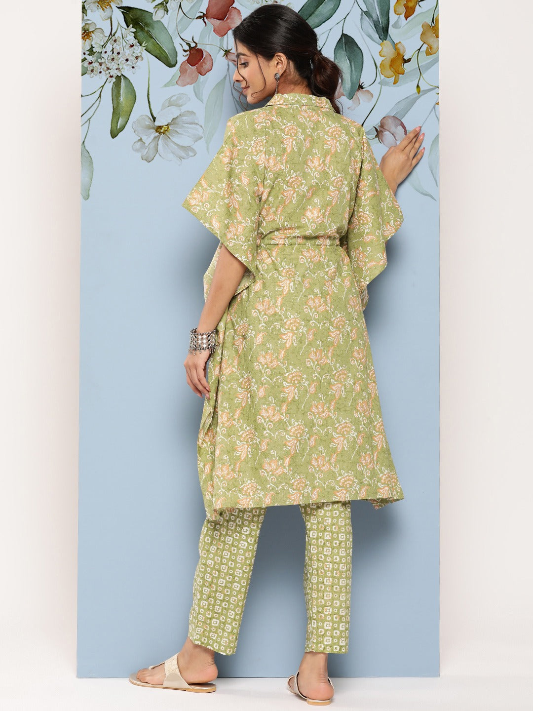 Green Floral Printed Kaftan With Trousers-Indiakreations-JS8512CRDGRS