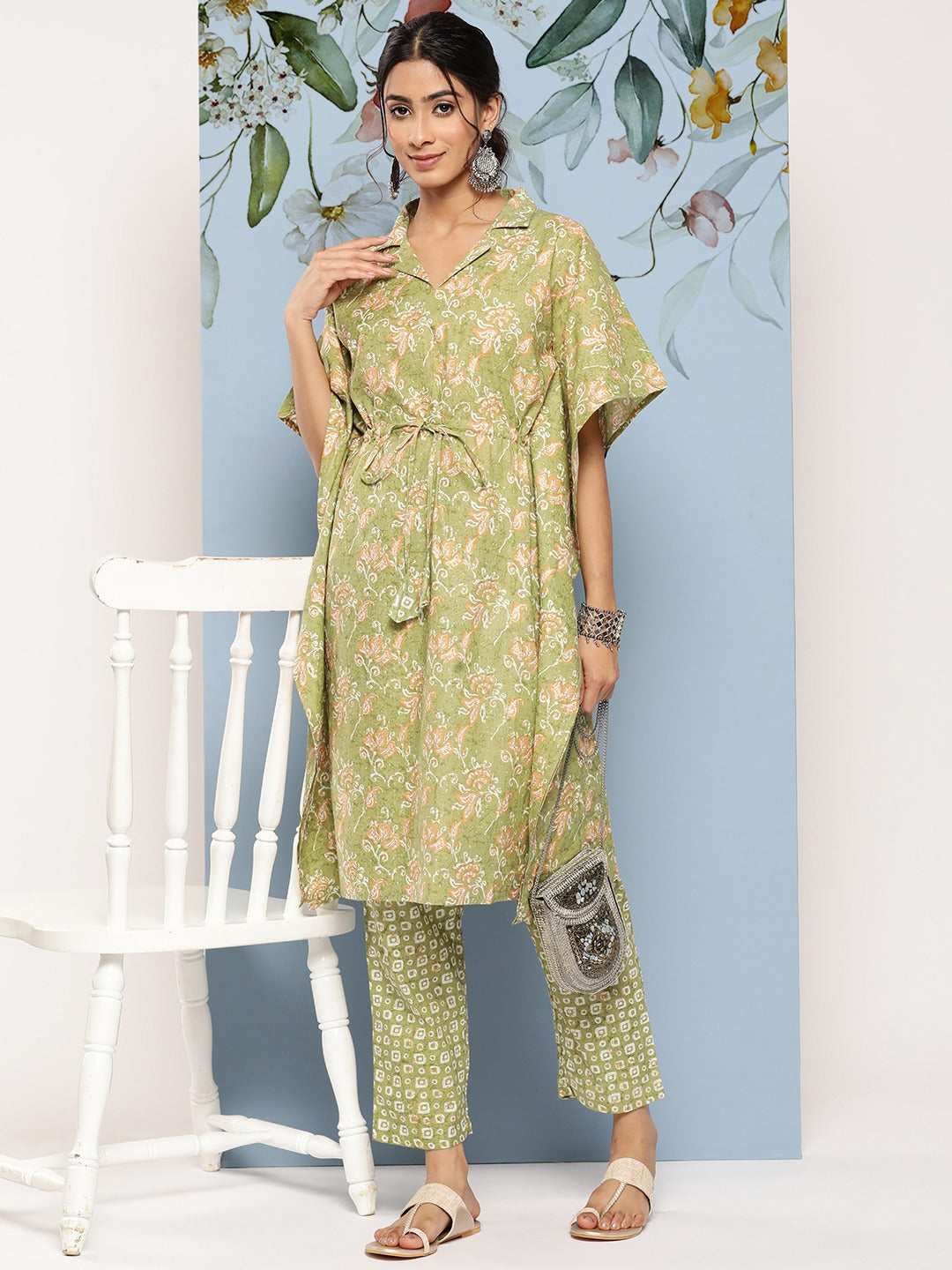 Green Floral Printed Kaftan With Trousers-Indiakreations-JS8512CRDGRS