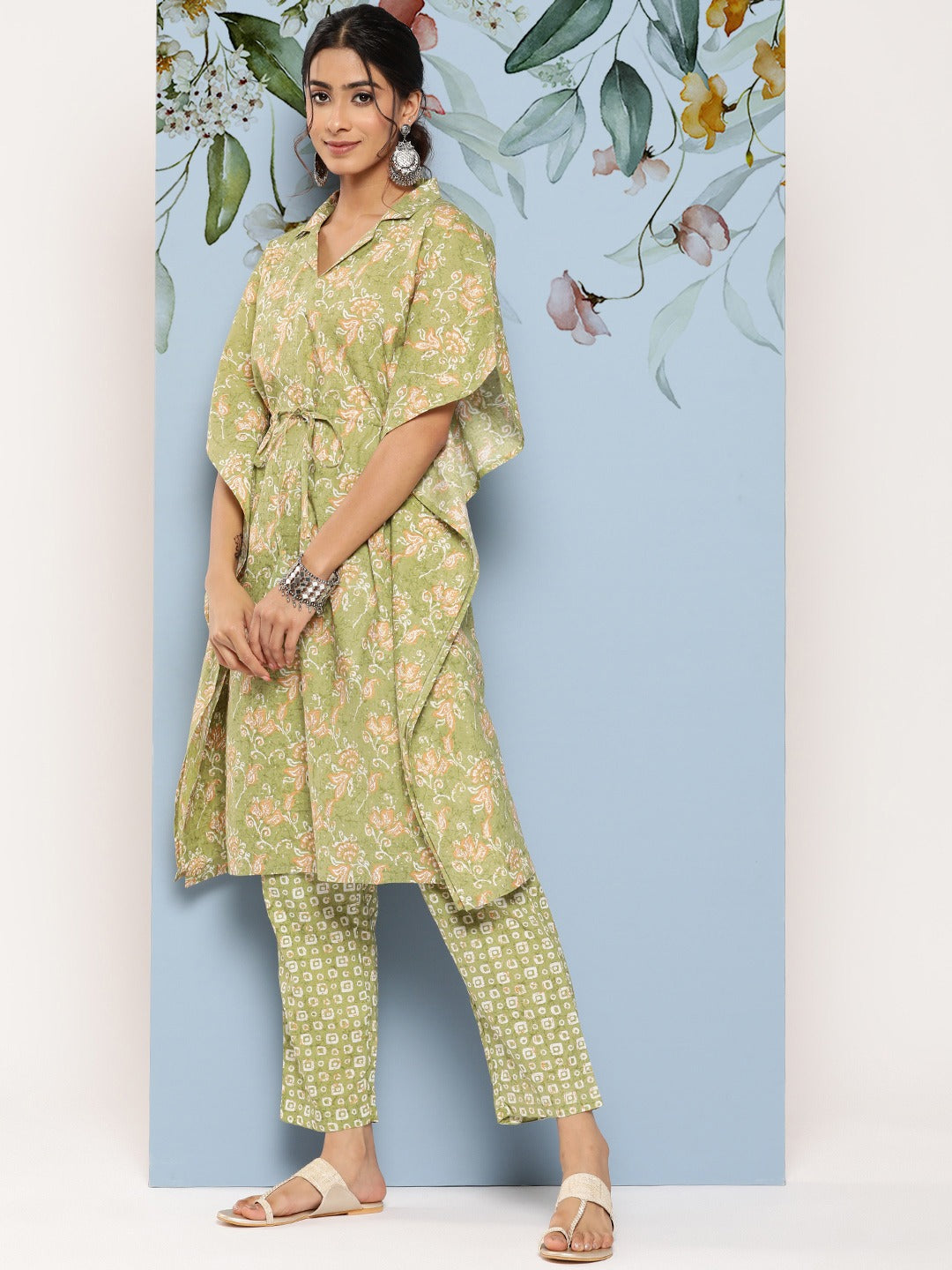 Green Floral Printed Kaftan With Trousers-Indiakreations-JS8512CRDGRS