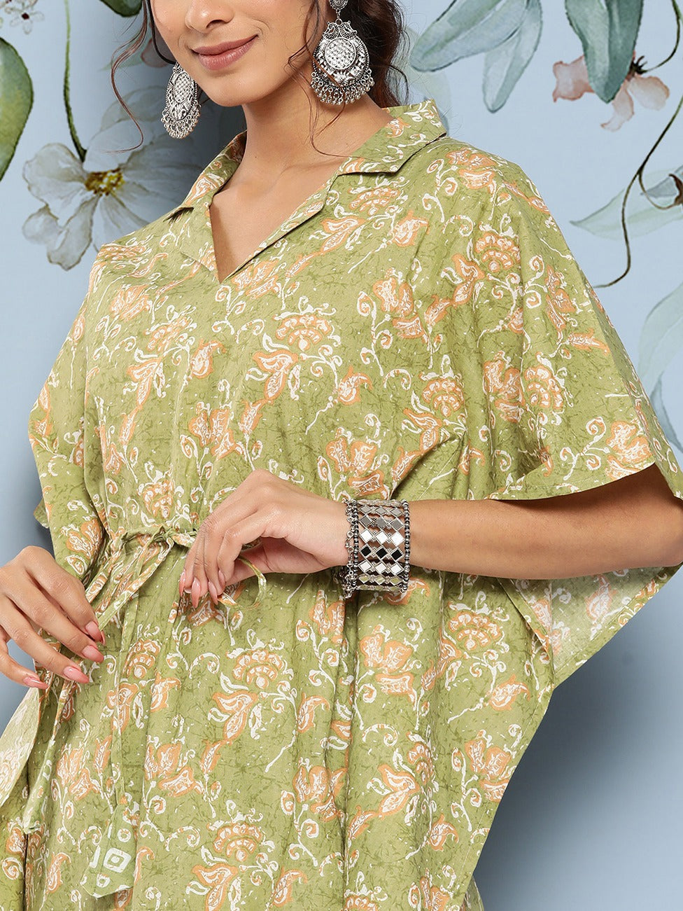 Green Floral Printed Kaftan With Trousers-Indiakreations-JS8512CRDGRS