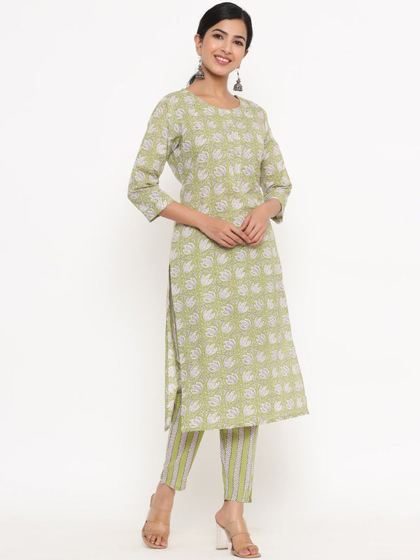 Green Printed Cotton kurta Set-Indiakreations-JS4753SETGRM