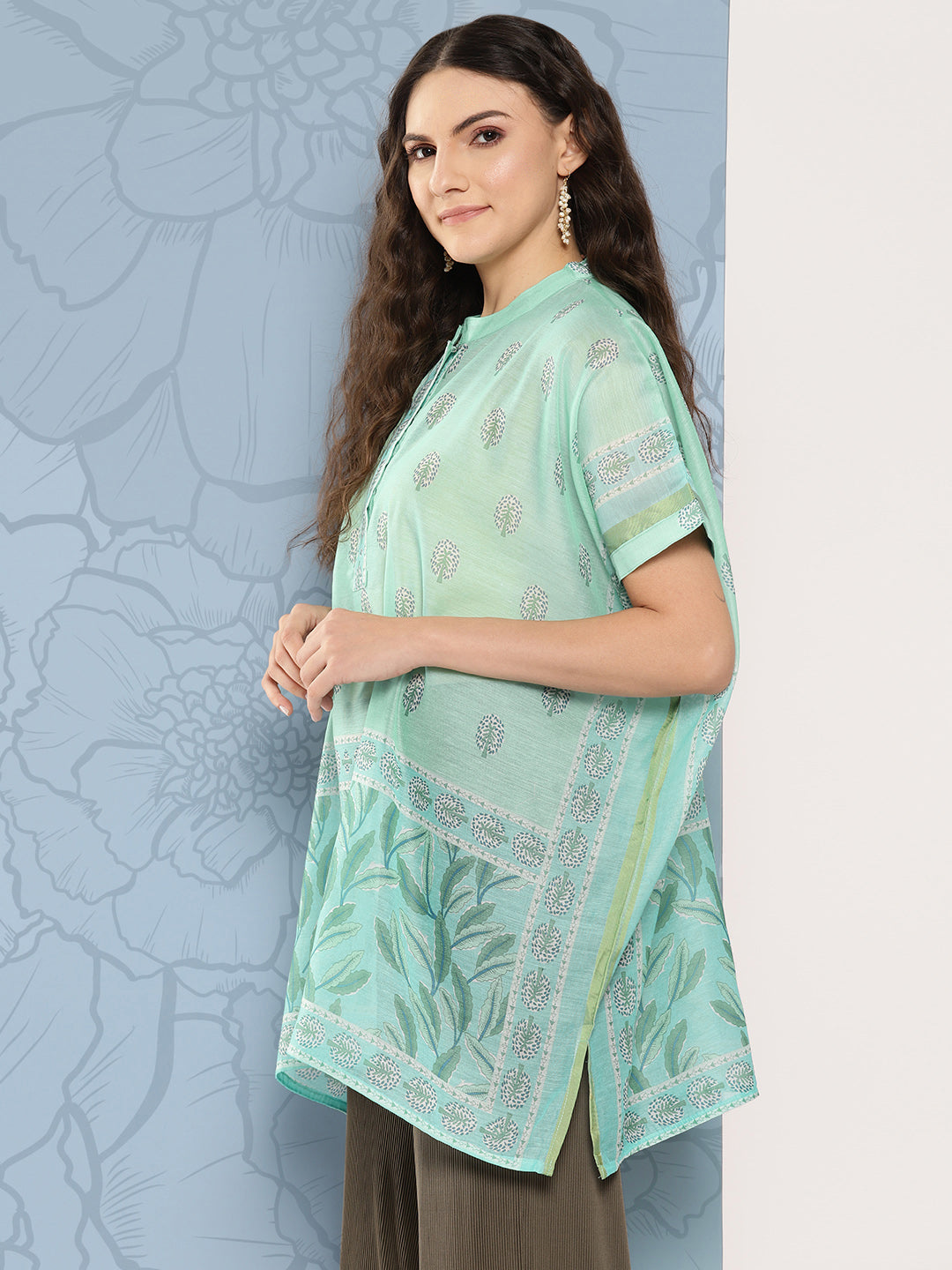 Green Printed Ethnic Chanderi Cotton Kaftan Longline Top-Indiakreations-JS1410TOPGR