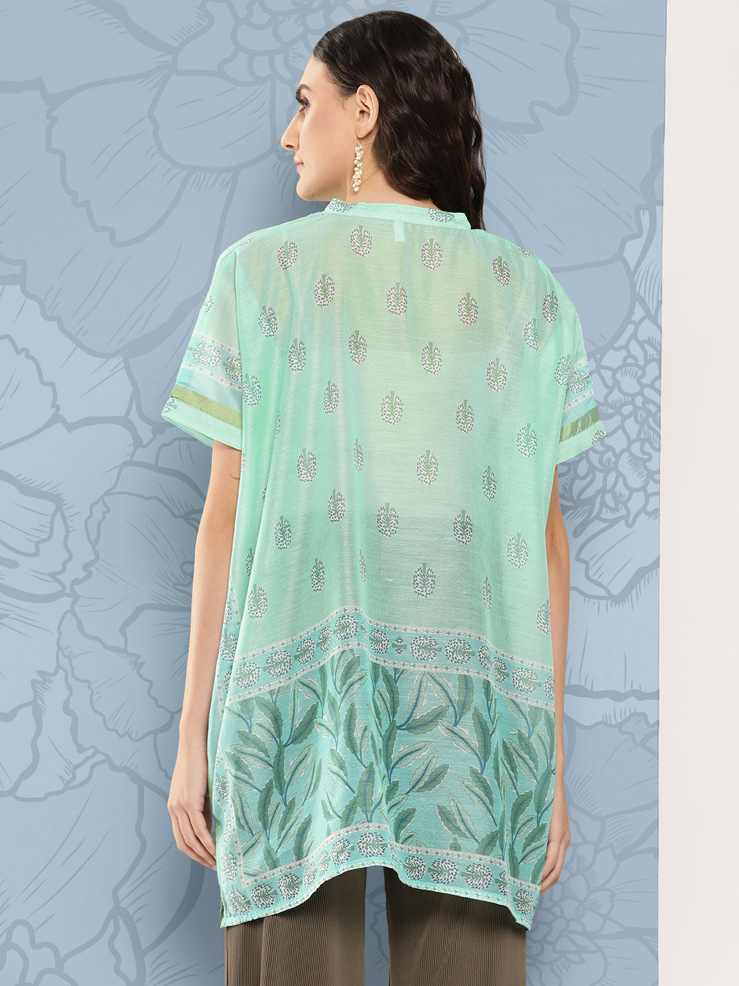 Green Printed Ethnic Chanderi Cotton Kaftan Longline Top-Indiakreations-JS1410TOPGR