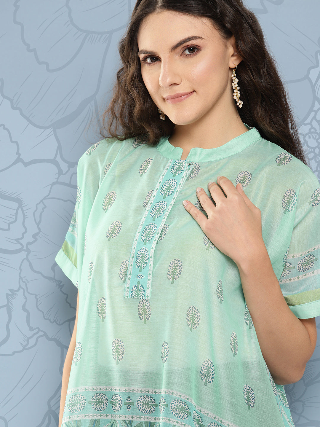 Green Printed Ethnic Chanderi Cotton Kaftan Longline Top-Indiakreations-JS1410TOPGR