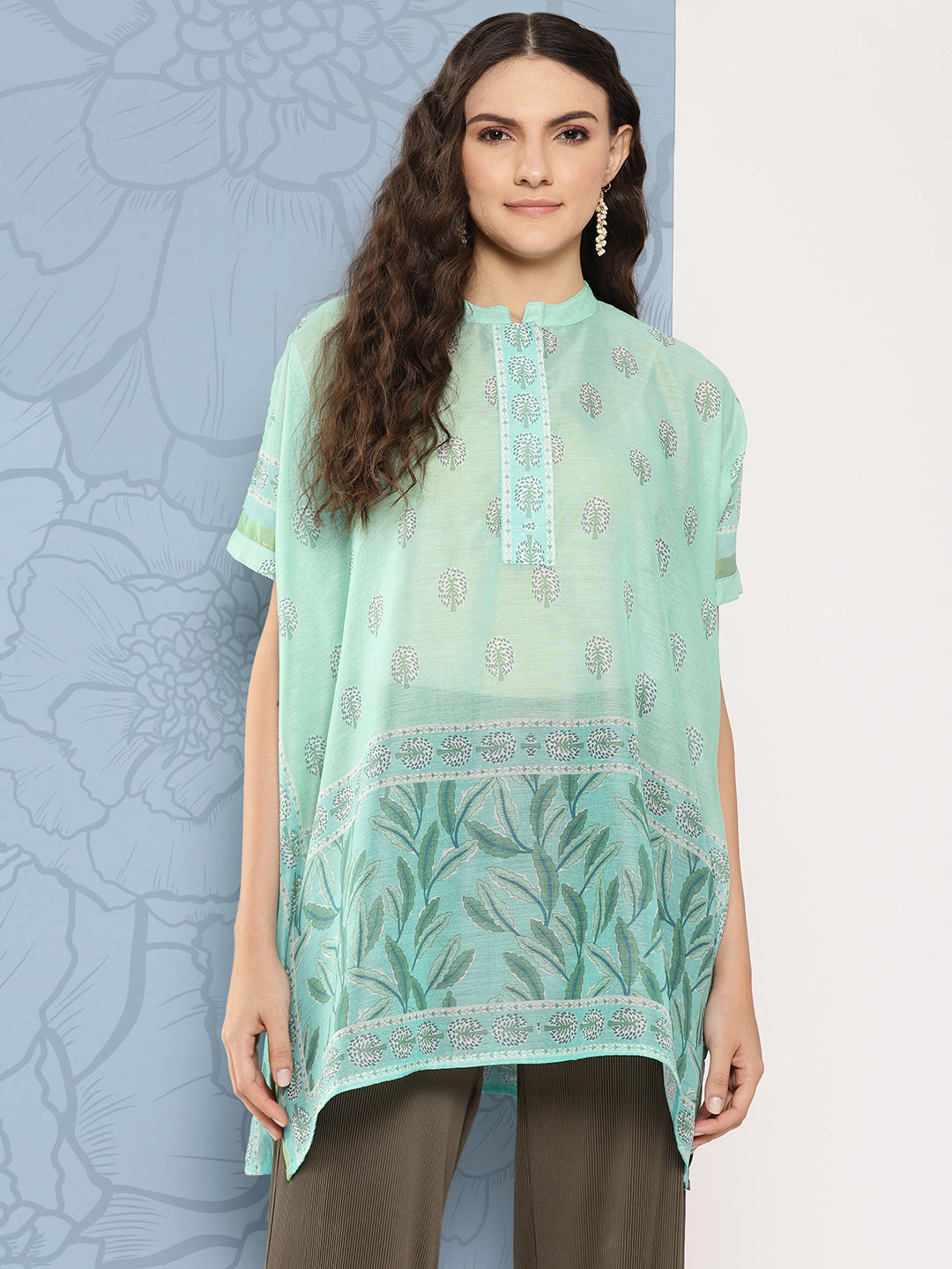 Green Printed Ethnic Chanderi Cotton Kaftan Longline Top-Indiakreations-JS1410TOPGR