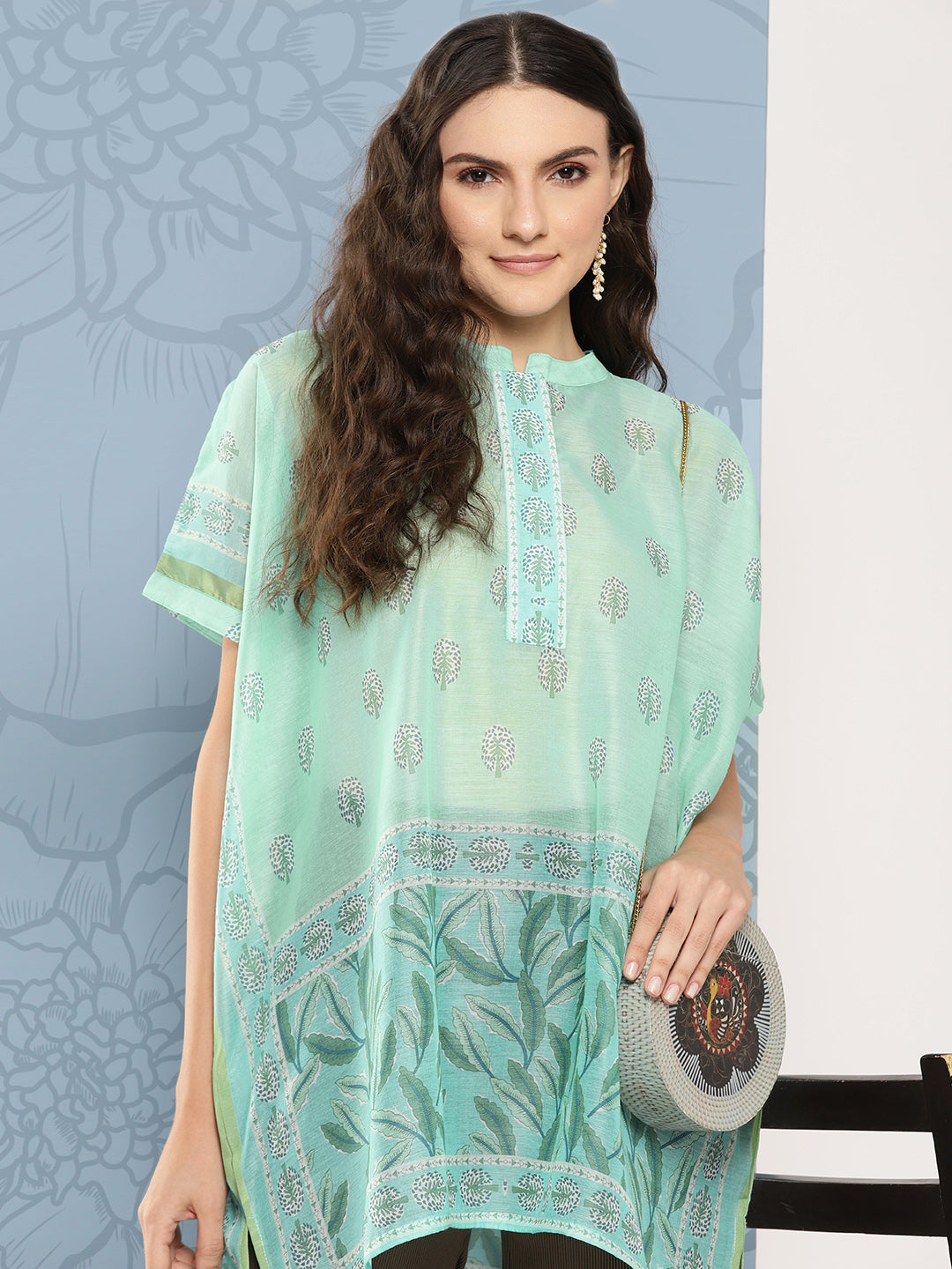 Green Printed Ethnic Chanderi Cotton Kaftan Longline Top-Indiakreations-JS1410TOPGR