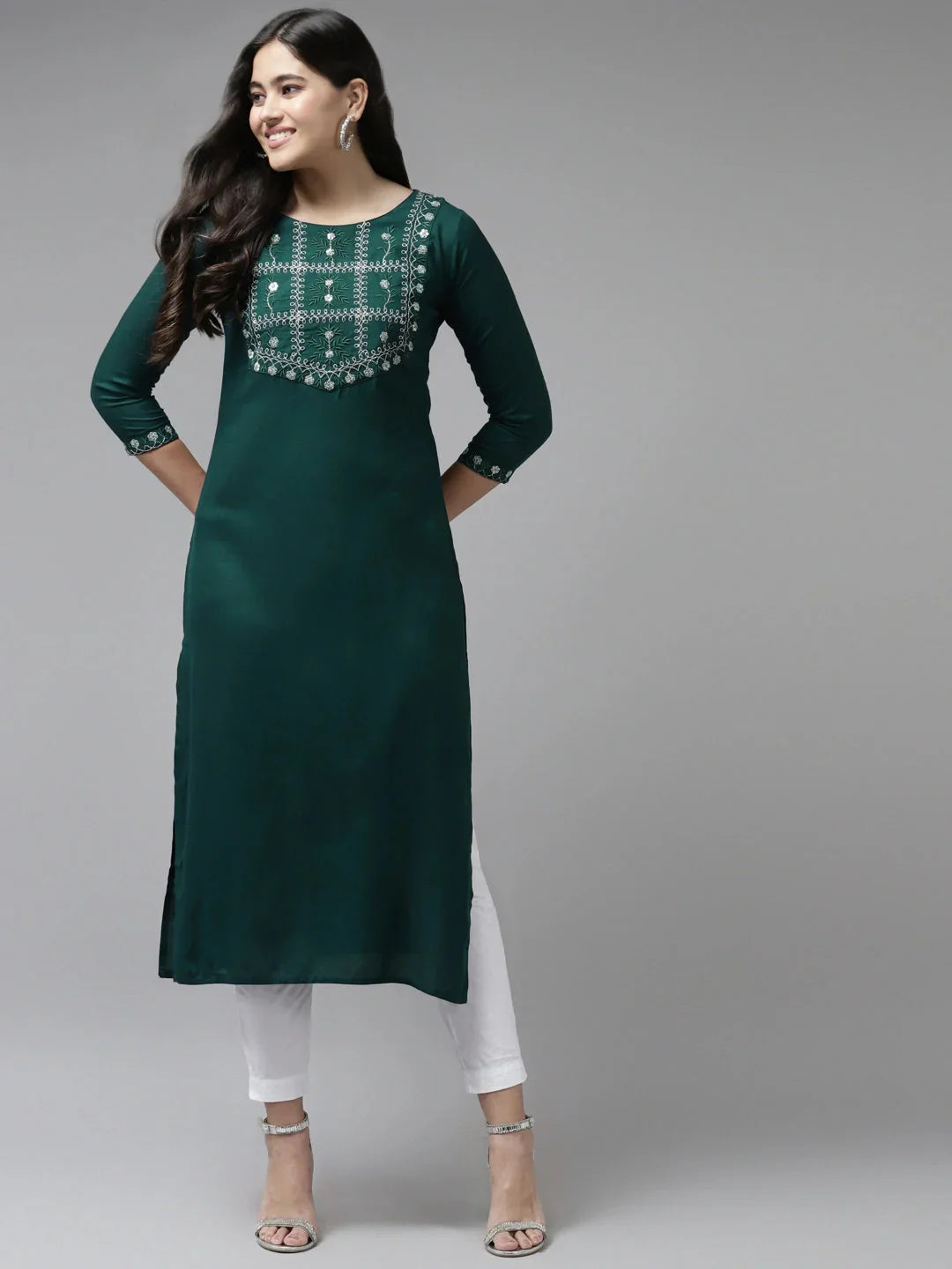 Green Thread Work Kurta-Indiakreations-JS6214KURTBS