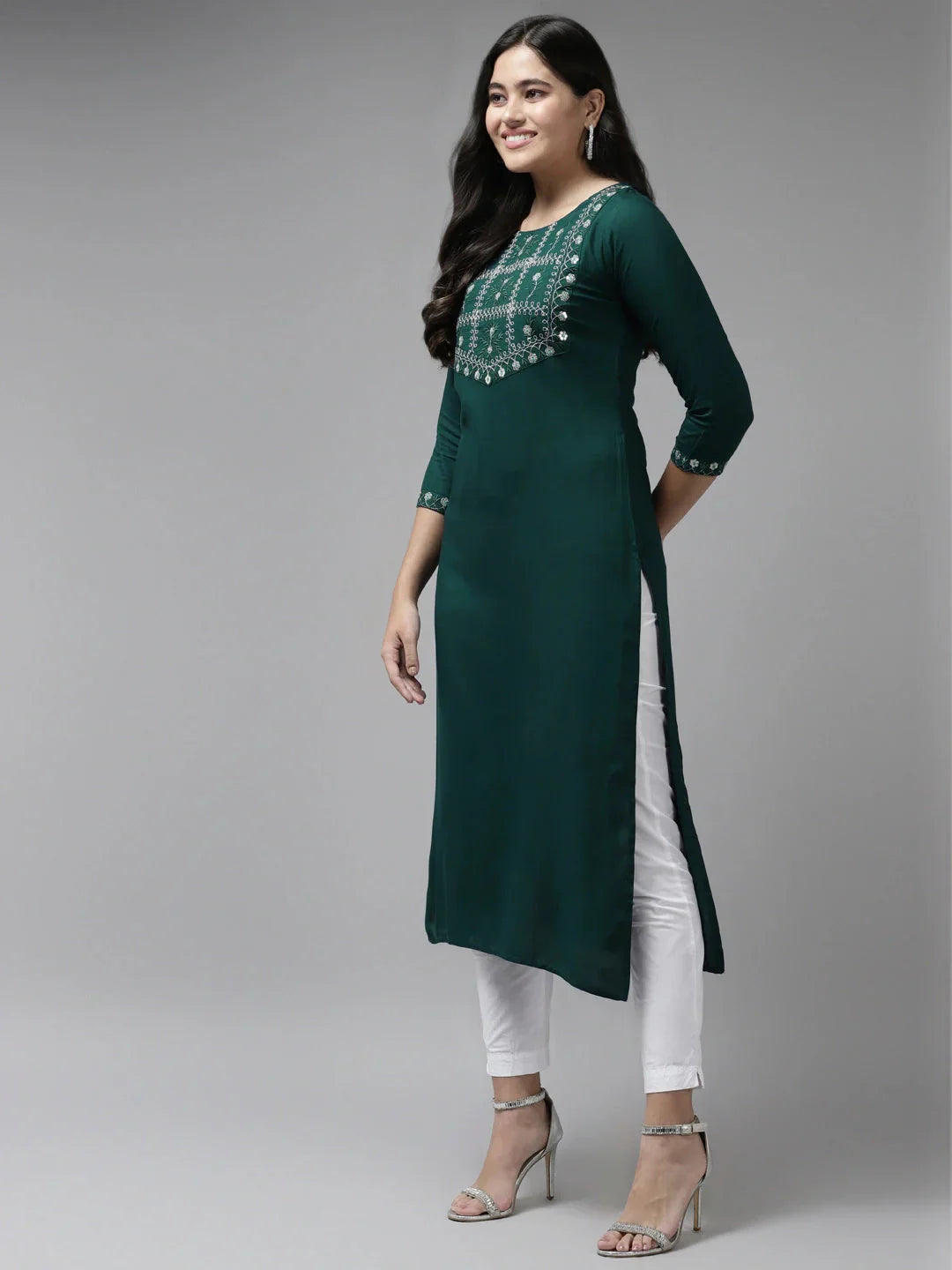 Green Thread Work Kurta-Indiakreations-JS6214KURTBS