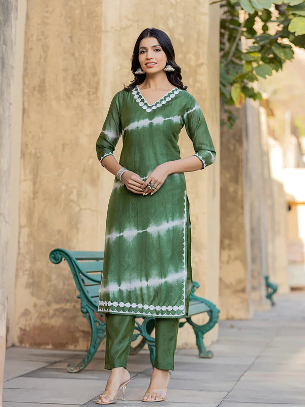 Green Tie Dye Lace-Work Yoke And Border Straight Kurta And Trouser Set-Indiakreations-JS1730SETGRS