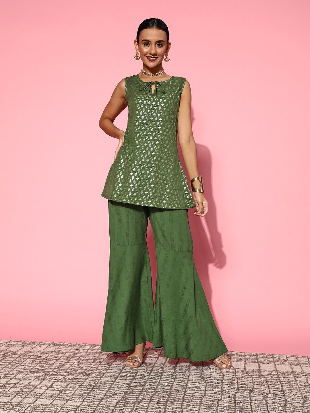 Green Top With Palazzos-Indiakreations-JS8145CRDGRXS