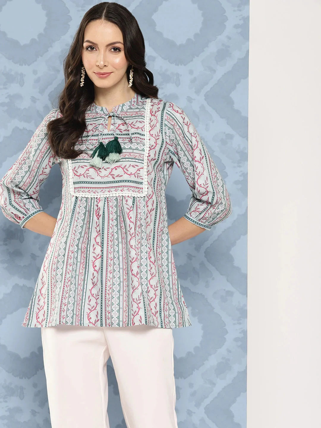 Green and pink Print Mandarin Collar Ethnic Linen Top-Indiakreations-JS1413TOPSGS