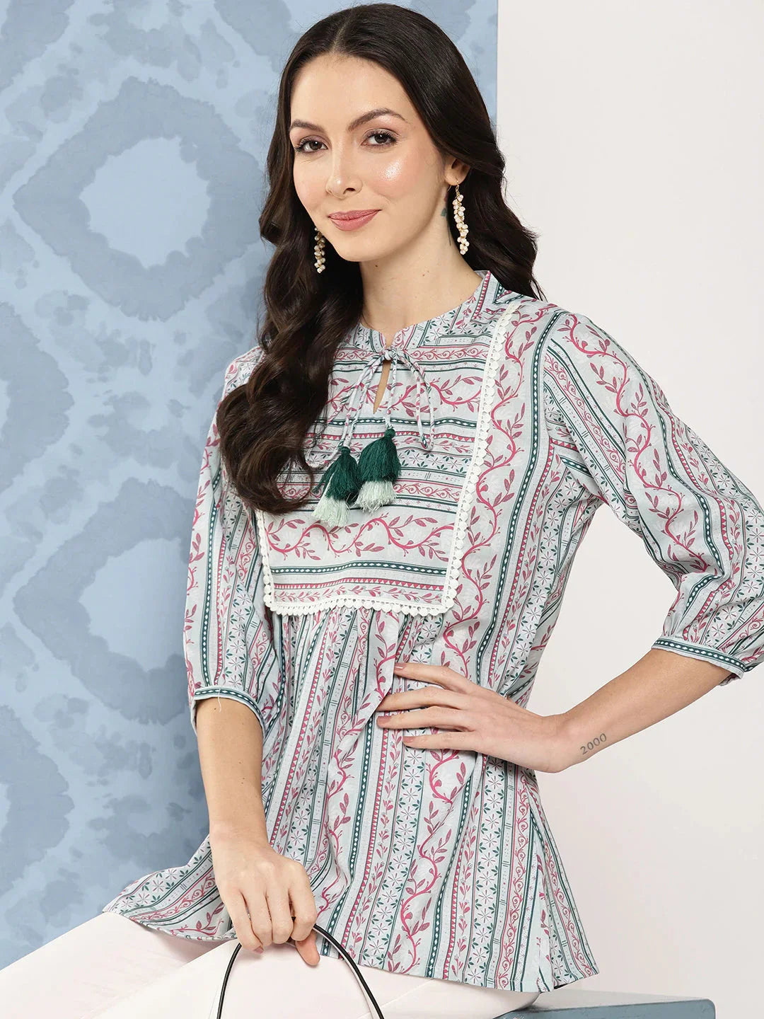 Green and pink Print Mandarin Collar Ethnic Linen Top-Indiakreations-JS1413TOPSGS