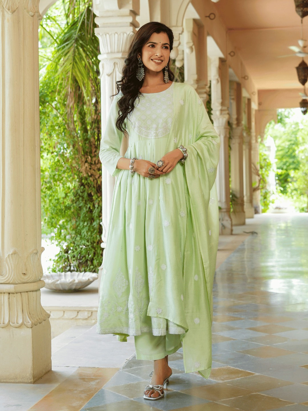 Green embroidered Fit and flare Kurta Trouser And Dupatta Set-Indiakreations-JS1351SKDGRS