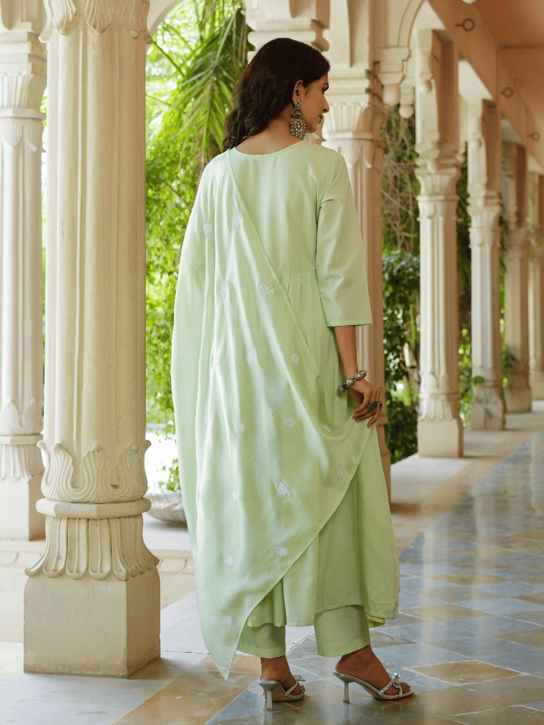 Green embroidered Fit and flare Kurta Trouser And Dupatta Set-Indiakreations-JS1351SKDGRS