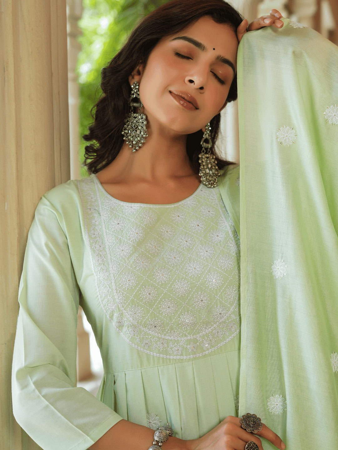 Green embroidered Fit and flare Kurta Trouser And Dupatta Set-Indiakreations-JS1351SKDGRS