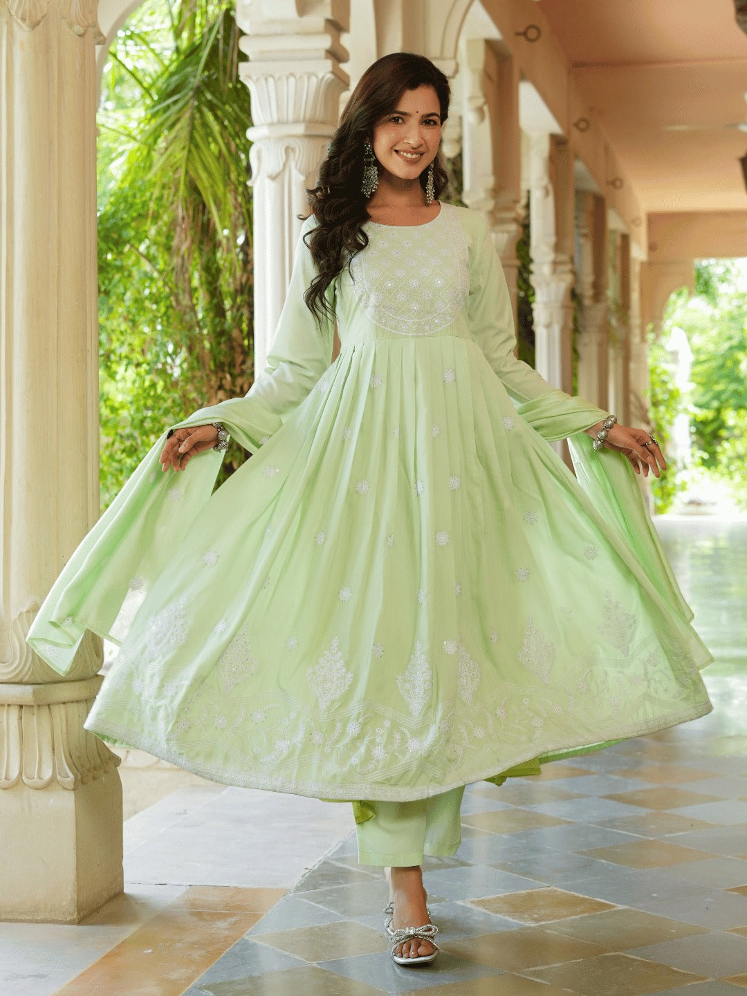 Green embroidered Fit and flare Kurta Trouser And Dupatta Set-Indiakreations-JS1351SKDGRS