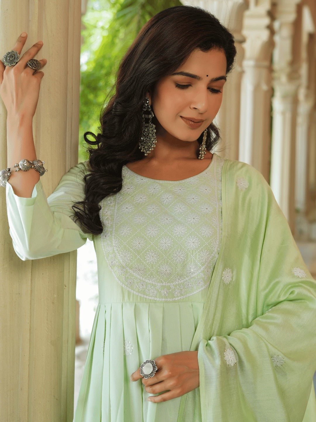 Green embroidered Fit and flare Kurta Trouser And Dupatta Set-Indiakreations-JS1351SKDGRS