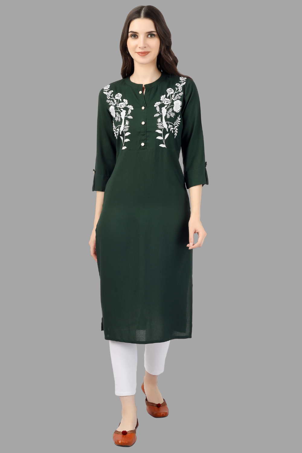 Women's Green Rayon Chicken Embroidered Straight Kurta - House Of Rp