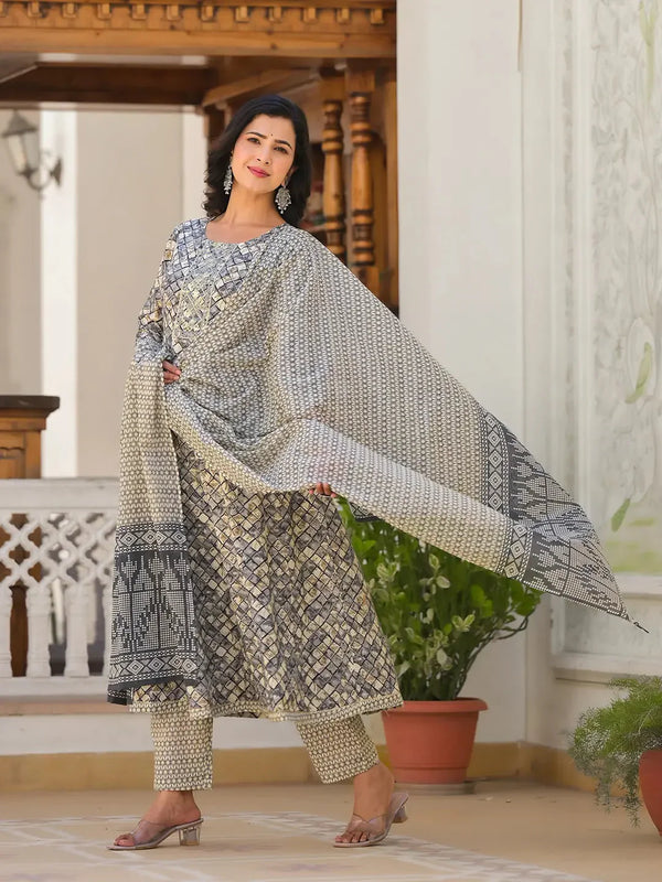 Grey Checkered Print Anarkali Kurta Trouser With Dupatta Set-Indiakreations-JS6918SKDGYS