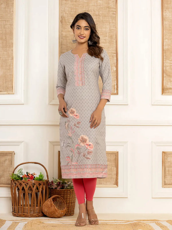 Grey Cotton A-Line Kurta With Digital Print-Indiakreations-JS1924KURGYS