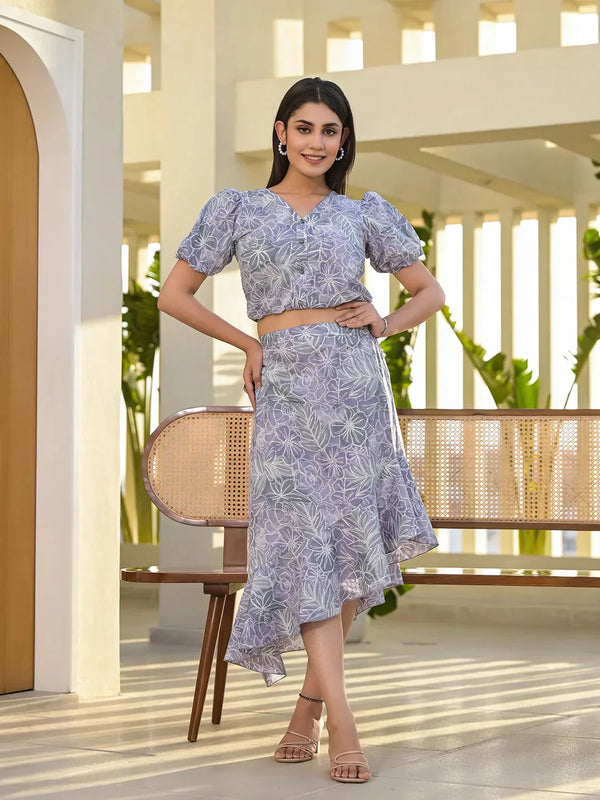 Grey Cotton Floral Print Co-Ord Set-Indiakreations-JS6912CRDGYS