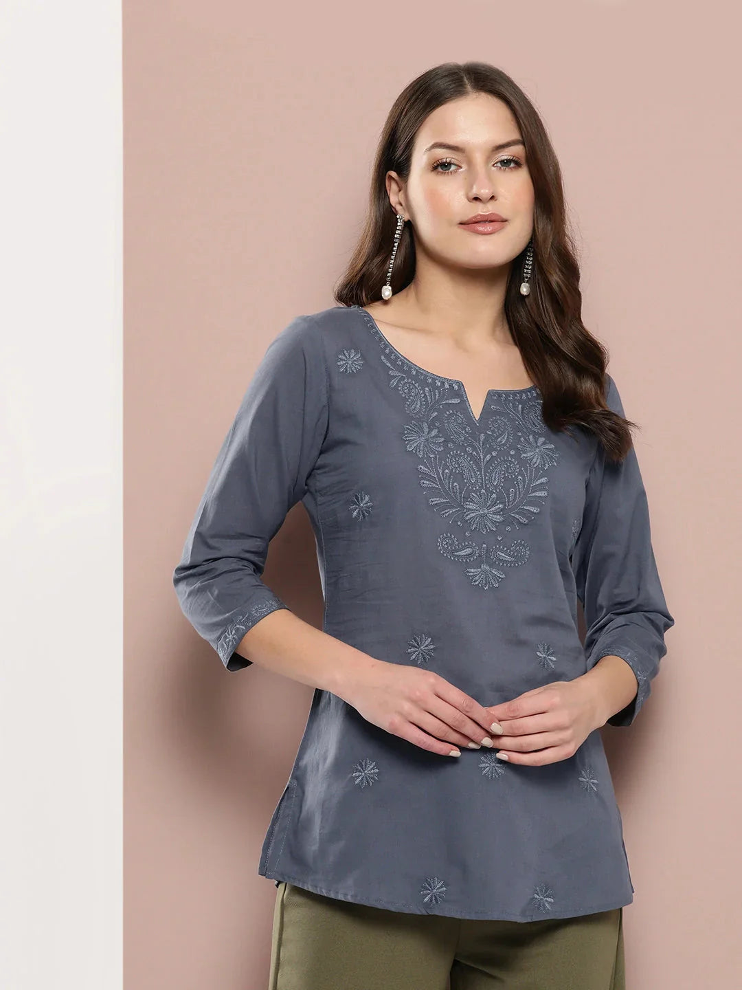 Grey Floral Chikankari Embroidered Pure Cotton Top-Indiakreations-JS1861TOPGYS