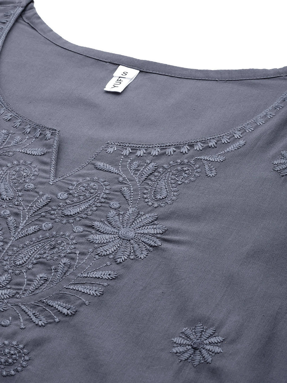 Grey Floral Chikankari Embroidered Pure Cotton Top-Indiakreations-JS1861TOPGYS