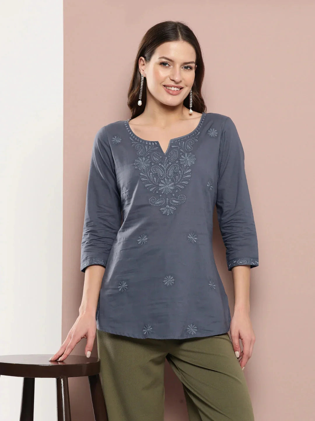 Grey Floral Chikankari Embroidered Pure Cotton Top-Indiakreations-JS1861TOPGYS