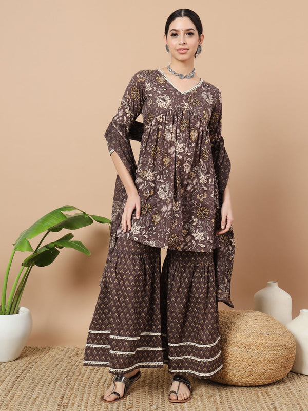 Grey Floral Print Straight Alia-Cut Kurta Sharara And Dupatta Set-Indiakreations-JS1850SKDGYS