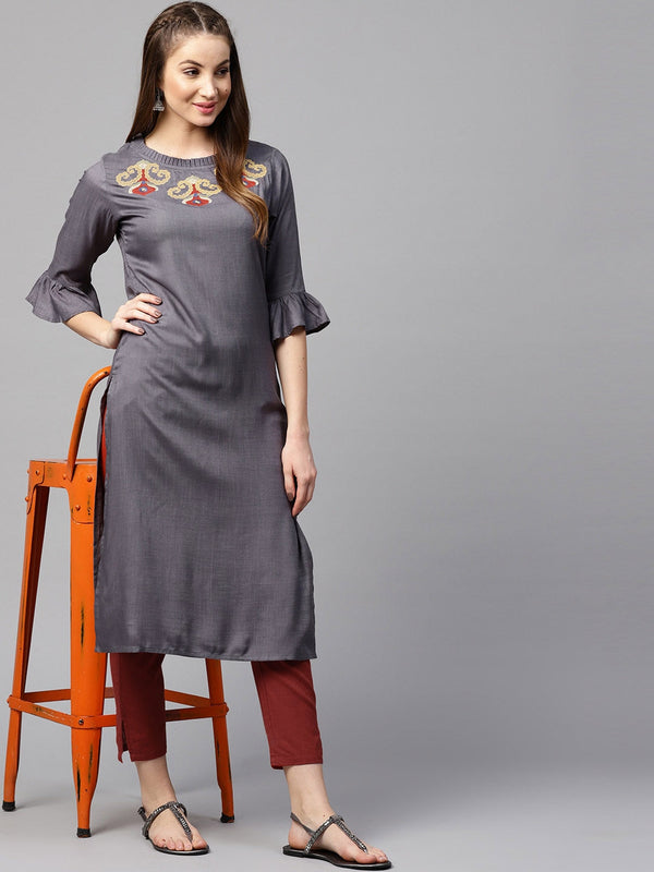 Grey & Maroon Solid Kurta Set-Indiakreations-JSDBNWSET1609GREYS