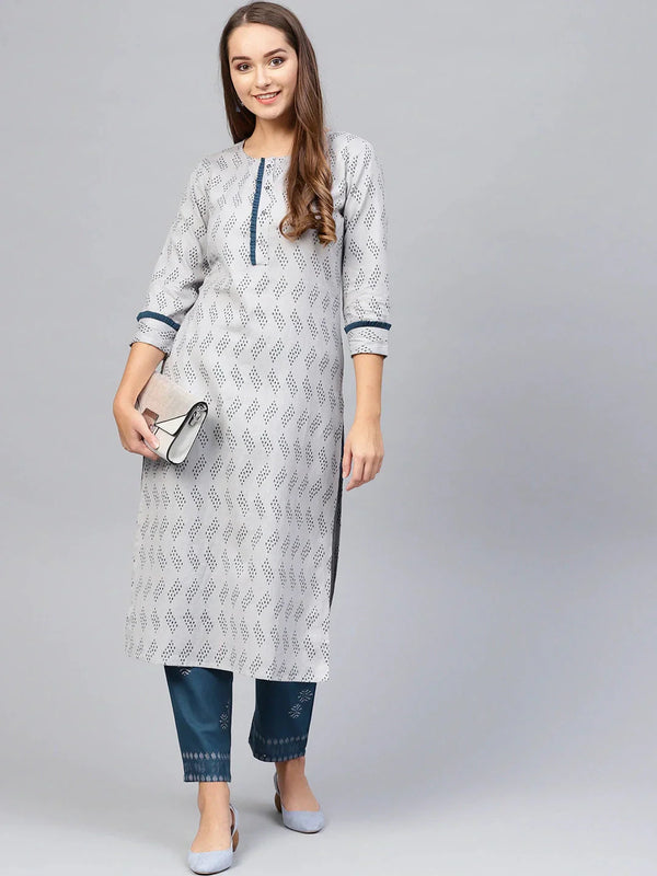 Grey & Navy Printed Kurta Set-Indiakreations-JS2617SETGYS