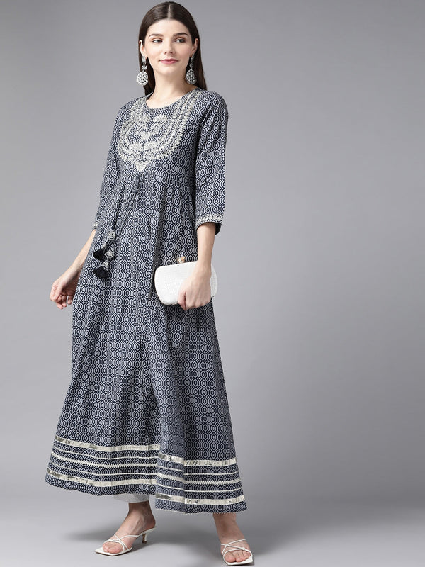 Grey Printed Embroidered Kurta-Indiakreations-JS2147DRSGYS