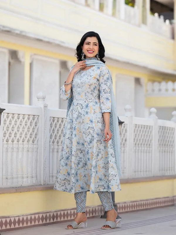 Grey Sequins_Work Anarkali Kurta Trouser And Dupatta Set-Indiakreations-JS6910SKDGYS