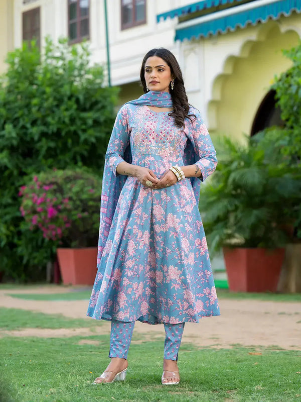 Grey Zari_Work Anarkali Kurta Pant Dupatta Set-Indiakreations-JS6931SKDGYS