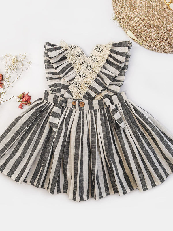 Girl's Grey Stripes Baby Frilled Frock With Crochette Lace  - HALEMONS