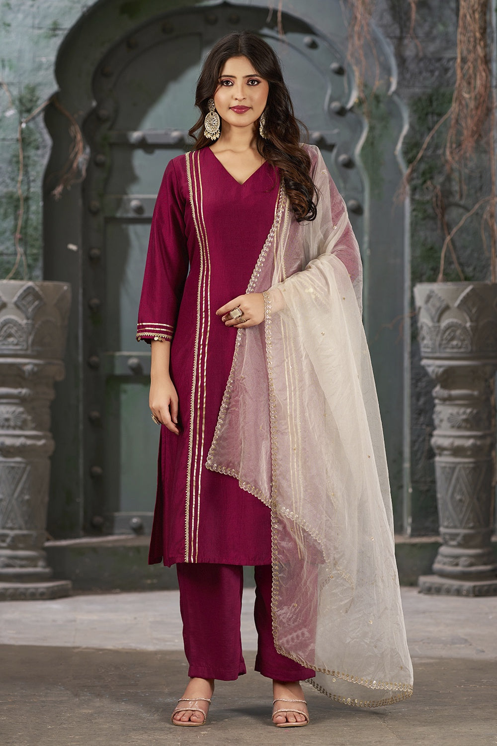 Women's Wine Pink Art Silk Straight Fit V-Neck Kurta Set With Trouser And Dupatta - Curvy Lane