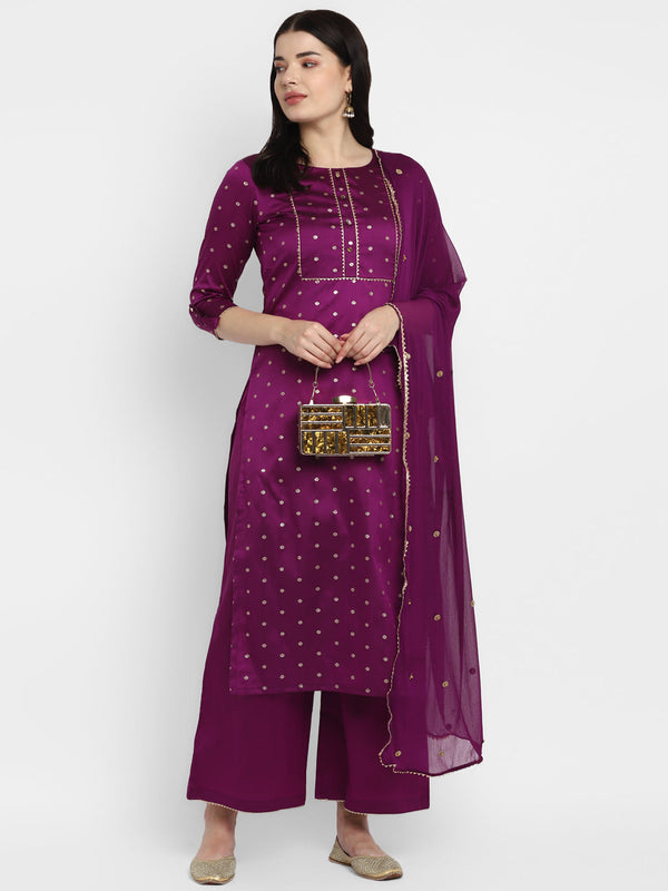 Women's Brinjal Color Polyster blend Self Design Kurta Pant With Dupatta  - VAABA