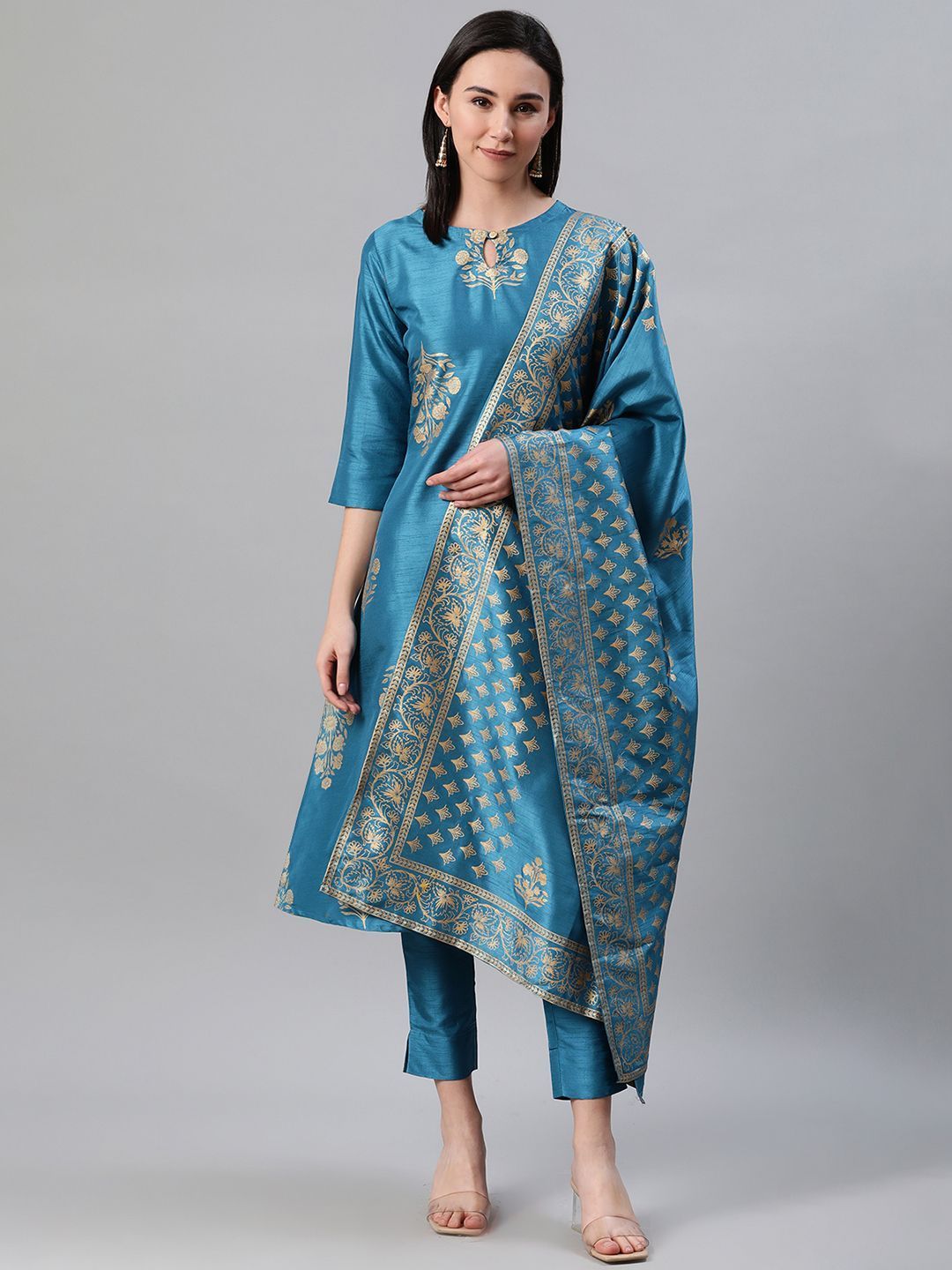 Women's Blue Color Foil Print Flared Kurta,Pant And Dupatta Set - Ziyaa