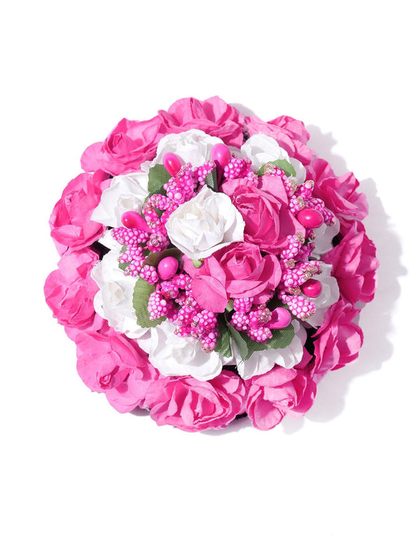 Women's  Artificial Pink And White Rose Flower Handcrafted Bun Maker Hair Accessories - Priyaasi