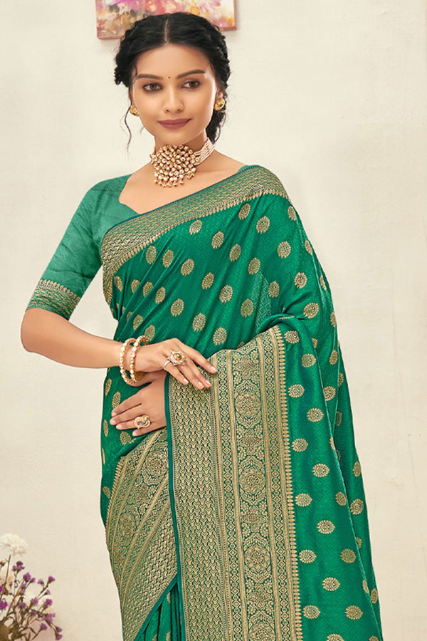 Women's Green Silk Woven Zari Work Traditional Tassle Saree - Sangam Prints