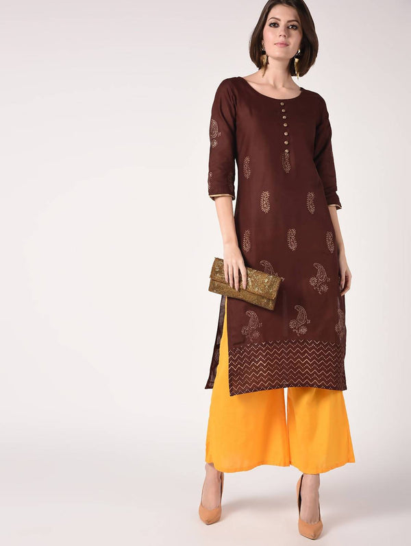 Women's Brown & Mustard Hand Block Print Straight Kurta With Palazzo - Cheera