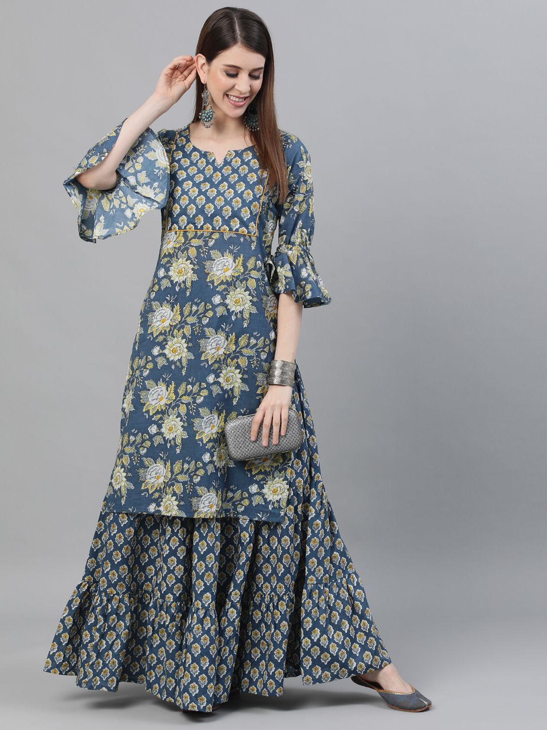 Women's Blue & Yellow Floral Printed Kurta With Skirt Set - AKS