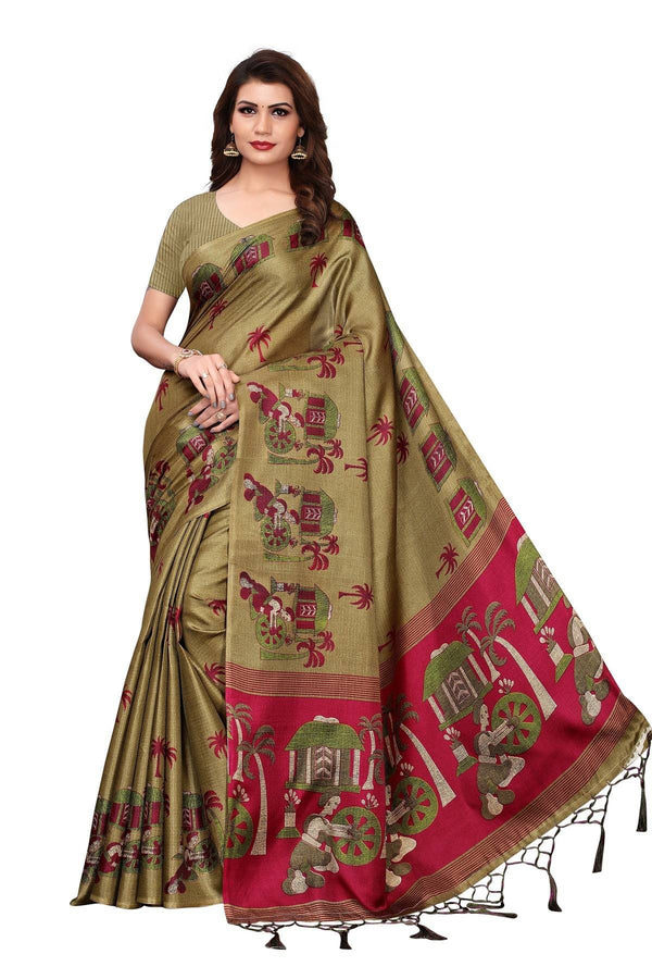 Women's Vamika Grey Kalamkari With Jhalar Khadi Silk Saree Village Mehendi - Vamika