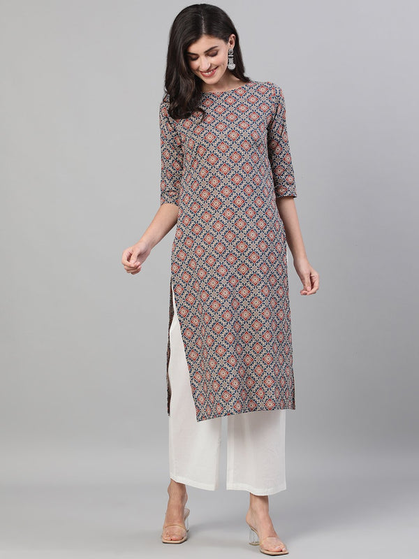 Women's Blue Calf Length Three-Quarter Sleeves Straight Ethnic Motif Printed Cotton Kurta With Pockets - Nayo Clothing