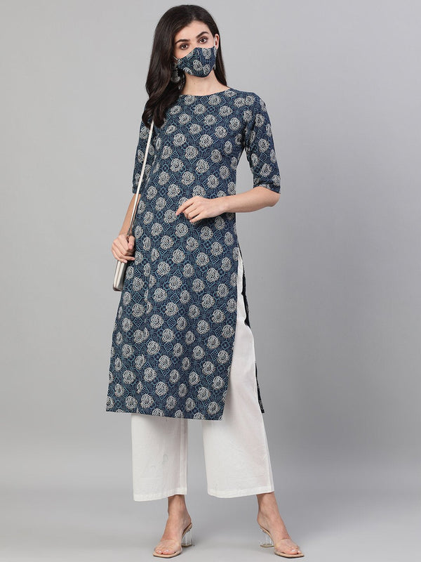 Women's Blue Calf Length Three-Quarter Sleeves Straight Bandhani Printed Cotton Kurta With Pockets And Face Mask - Nayo Clothing