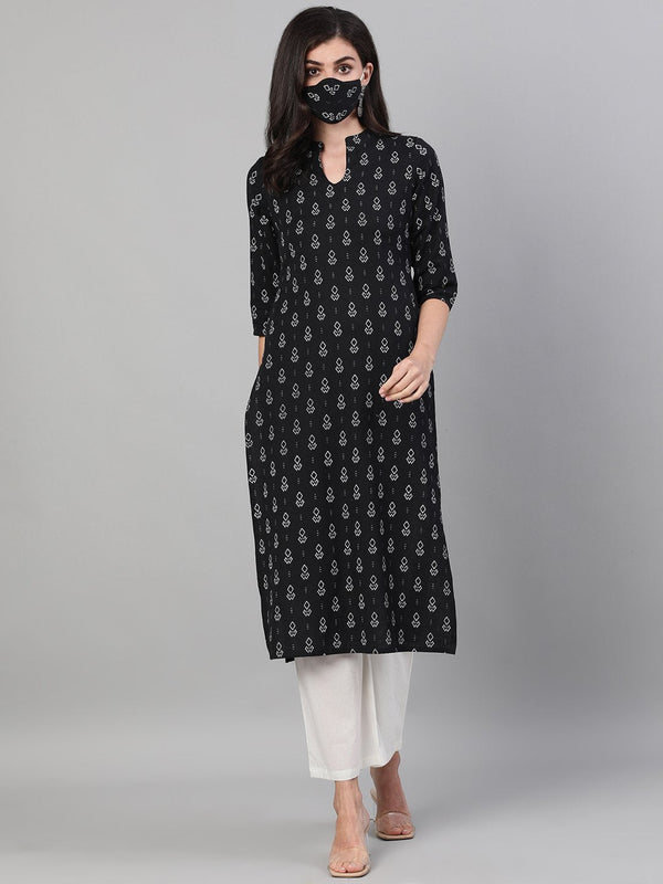 Women's Black Calf Length Three-Quarter Sleeves Straight Geometric Printed Cotton Kurta With Pockets And Face Mask - Nayo Clothing