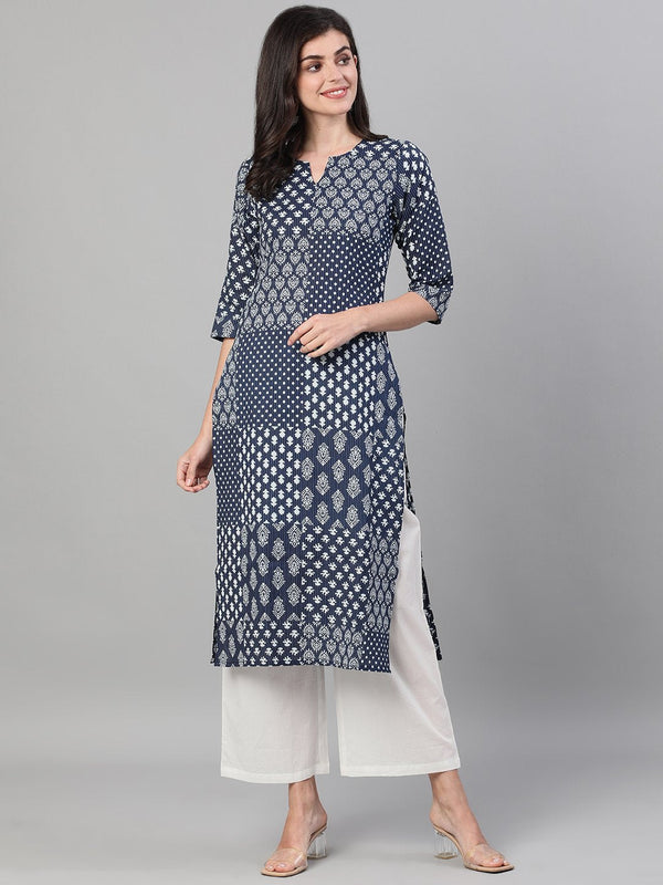 Women's Indigo Calf Length Three-Quarter Sleeves Straight Ethnic Motif Printed Cotton Kurta With Pockets - Nayo Clothing