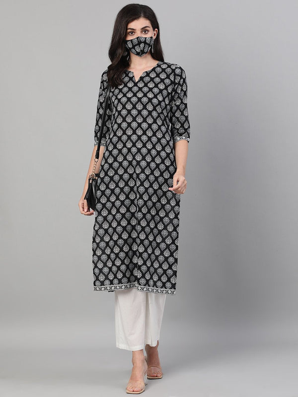 Women's Black Calf Length Three-Quarter Sleeves Straight Ethnic Motif Printed Cotton Kurta With Pockets And Face Mask - Nayo Clothing