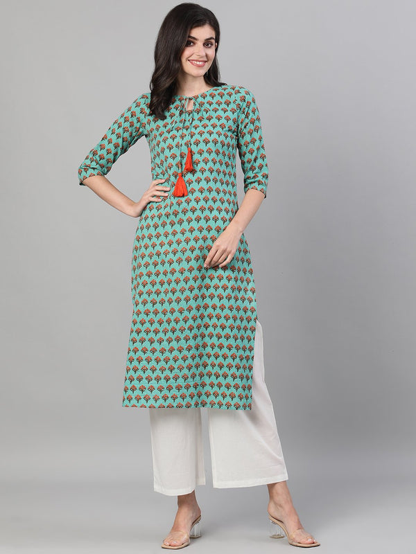 Women's Green Calf Length Three-Quarter Sleeves Straight Floral Printed Cotton Kurta With Pockets - Nayo Clothing