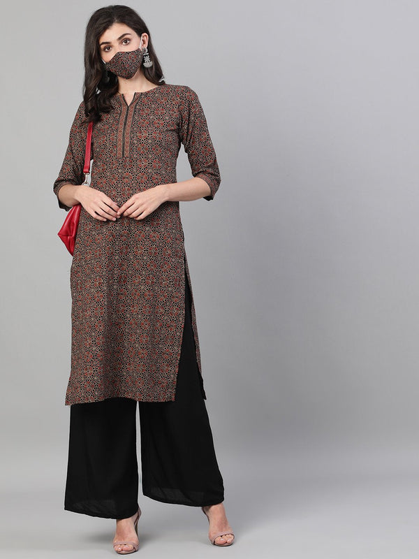 Women's Brown Calf Length Three-Quarter Sleeves Straight Ethnic Motif Printed Cotton Kurta With Pockets And Face Mask - Nayo Clothing